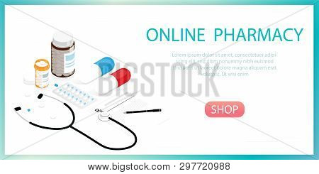 Isometric Medicine Pills Bottle Online Pharmacy Vector