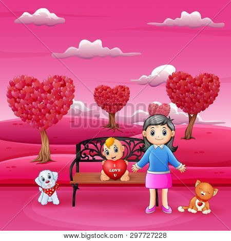 Cartoon Happy Girls With Their Pets In The Pink Garden
