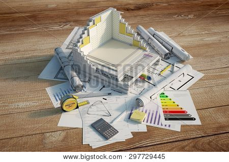 3D renderin of a building cross section showing insulation layers and building details on top of blueprints and a energy efficiency chart