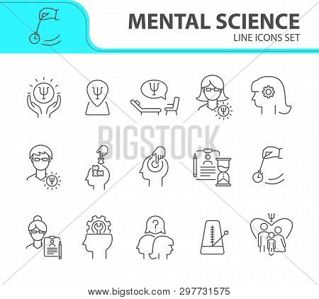 Mental Science Line Icon Set. Patient, Psychologist, Brain Work. Psychology Concept. Can Be Used For