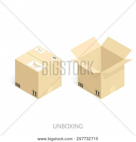 Online Shopping Shipping Box Package Unboxing Vector