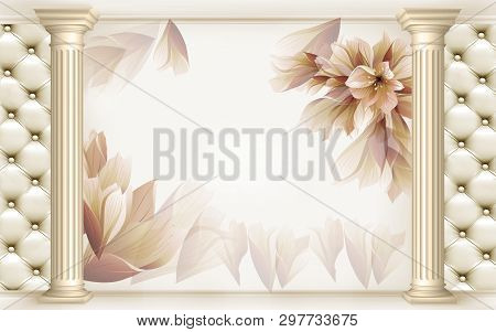 3d Illustration - Light Background With Columns And Flowers