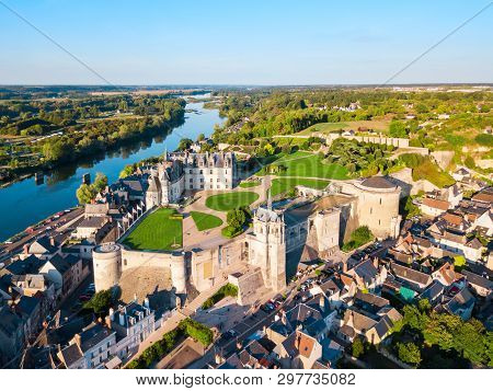 Chateau Damboise Aerial Panoramic View. It Is A Chateau In Amboise City, Loire Valley In France.