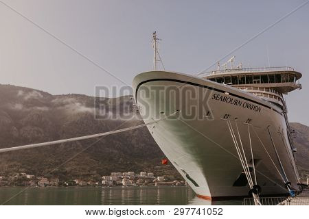 Montenegro, Kotor - November 30, 2018. View Of The Cruise Ocean Liner Seaborn Ovation  At The Pier O