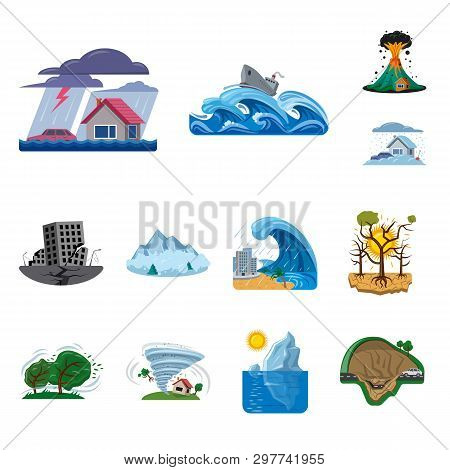 Vector Illustration Of Natural And Disaster Logo. Collection Of Natural And Risk Vector Icon For Sto