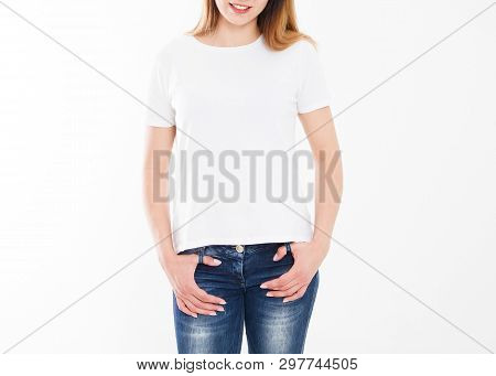 T-shirt Design, People Concept - Closeup Of Young Woman In White Shirt, Front Isolated. Mock Up Temp
