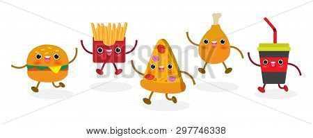 Set Of Pizza Slice Funny. Fastfood. Pizza Design. Vector Illustration Cartoon Character Isolated On 
