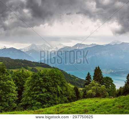 Lake Brienz Or Brienzersee Evening Cloudy Summer Top View (berne, Switzerland).
