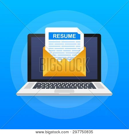Laptop And Envelope With Resume Letter. Employment, Recruiting. Cv, Job Application Form. Vector Sto