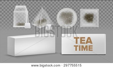 Teabags Mockups With Labels Various Shapes Set. Rectangle, Circle, Square, Pyramid Teabags Isolated 