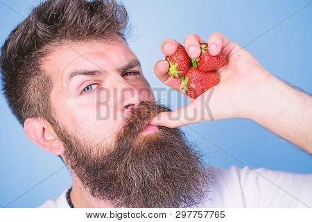 Fresh Juice Concept. Man Strict Face Enjoy Fresh Drink Strawberry Juice. Man Drinks Strawberry Juice
