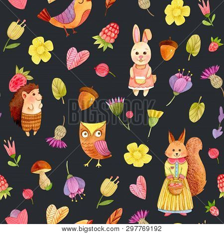 Watercolor Cute Cartoon Animals Texture (background, Seamless Pattern, Backdrop) - Fox, Squirrel, He