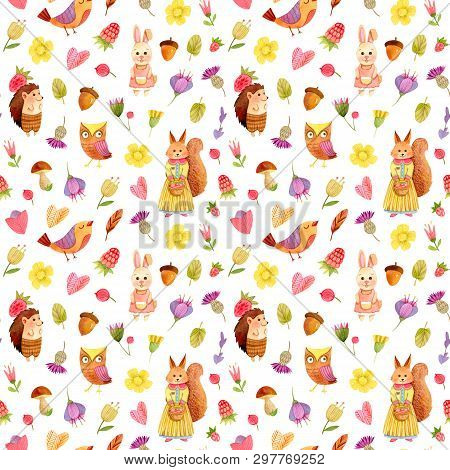 Watercolor Cute Cartoon Animals Texture (background, Seamless Pattern, Backdrop) - Fox, Squirrel, He