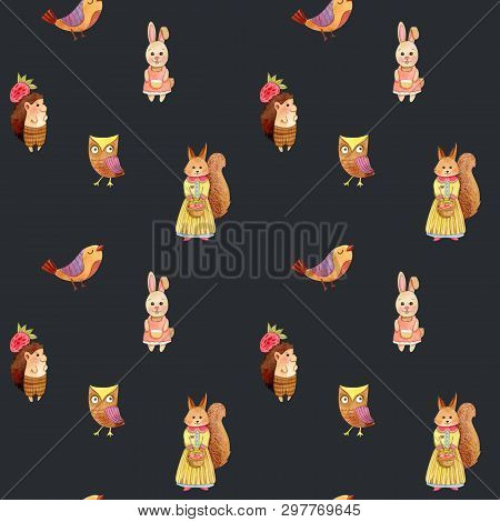 Watercolor Cute Cartoon Animals Texture (background, Seamless Pattern, Backdrop) - Fox, Squirrel, He