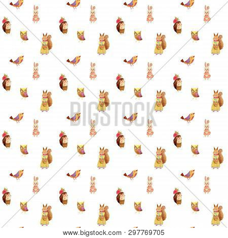 Watercolor Cute Cartoon Animals Texture (background, Seamless Pattern, Backdrop) - Fox, Squirrel, He
