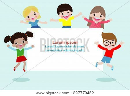 Happy Children Holding Blank Signs Poster. Template For Advertising Brochure. Ready For Your Message