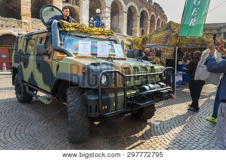 Verona, Italy - October 20, 2018: Iveco Lmv Light Multirole Vehicle Is A 4wd Tactical Vehicle Develo