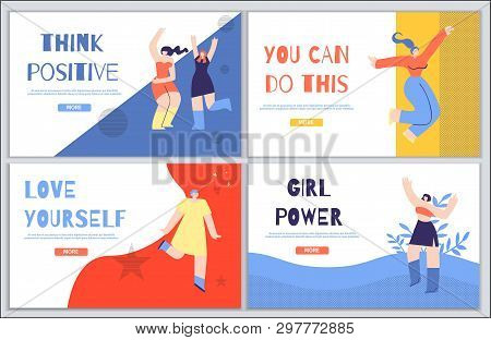 Woman Inspirational Landing Page Flash Design Set. Banner With Motivate Text Think Positive You Can 