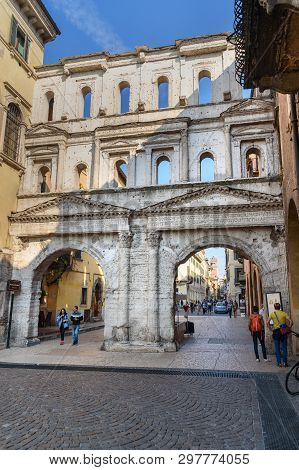 Verona, Italy - October 20, 2018: Porta Borsari Is Ancient Roman Gate In Verona. Italy