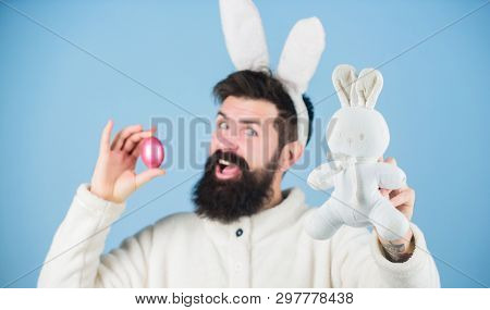Look What I Found. Hipster Cute Bunny Blue Background. Easter Bunny. My Precious. Funny Bunny With B