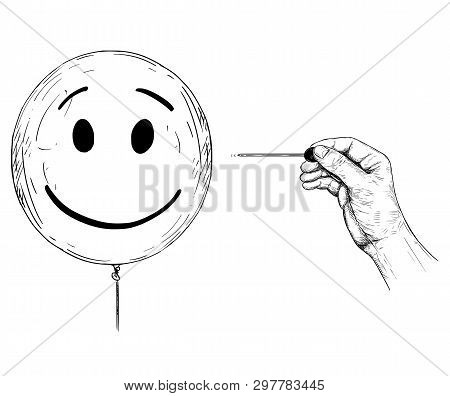 Cartoon Drawing Conceptual Illustration Of Hand With Needle Or Pin Popping Balloon With Human Face R