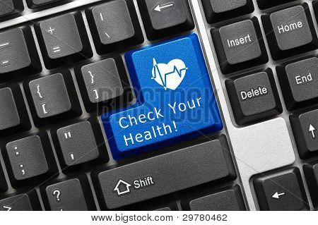 Koncepcyjne klawiatury - Check Your Health (niebieski klucz z serce Symbol)