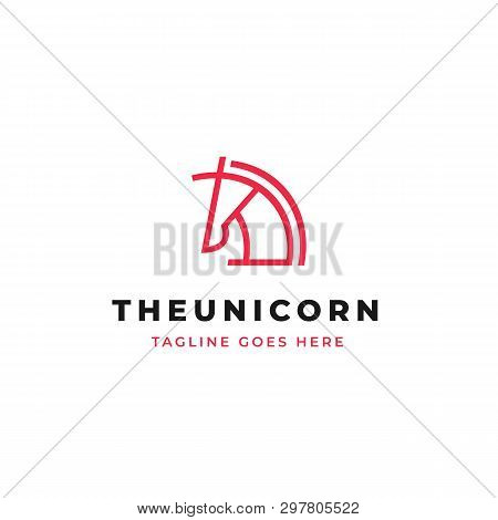 Unicorn Head Line Art Logo Design. Simple Horse Head With Horn Outline Icon.