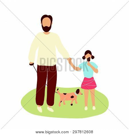 Father Walking Spotty Dog On Leash Together With Little Daughter Eating Chocolate Ice Cream. Flat Mo