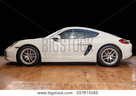 Novosibirsk, Russia - 08.01.18: Side View Of Luxury Very Expensive New White Porsche Cayman Coupe Sp