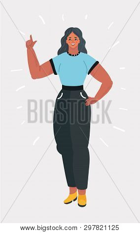 Vector Cartoon Illustration Of Beautiful Girl Or Young Woman With Up Forefinger. Human Female Charac