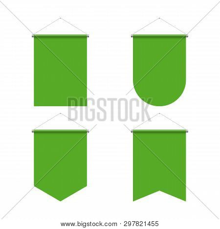 Template Green Blank Realistic Pennant Set On Whitey Background. Illustration Of Sport Flags Symbol 