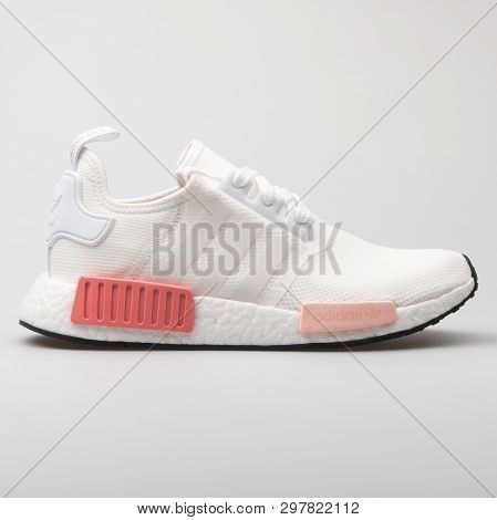 Vienna, Austria - August 7, 2017: Adidas Nmd R1 White And Pink Sneaker On White Background.