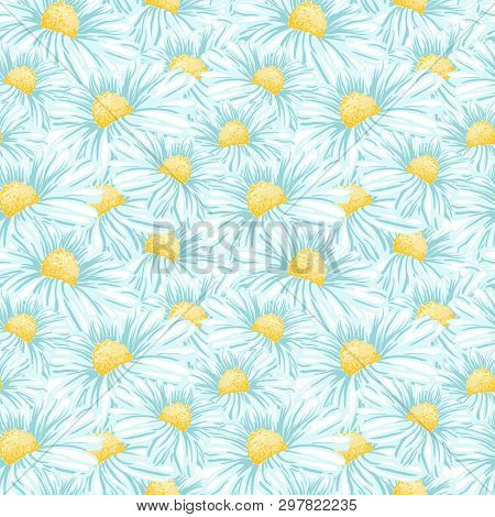 Daisy Or Chamomile Tea Herb Flower Seamless Pattern. Herbal Therapy Wallpaper. Botany Plant, Matrica