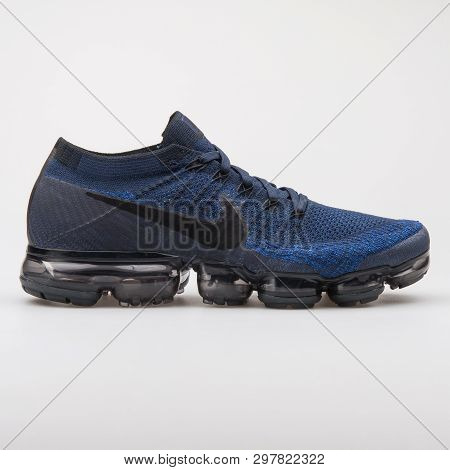 Vienna, Austria - August 7, 2017: Nike Air Vapormax Flyknit Blue And Black Sneaker On White Backgrou