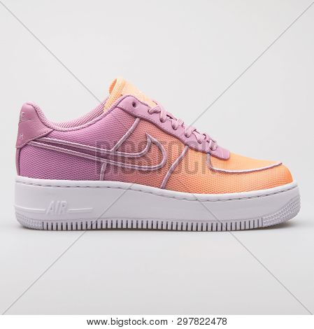 Vienna, Austria - August 7, 2017: Nike Air Force 1 Low Upstep Br Purple And Orange Sneaker On White 