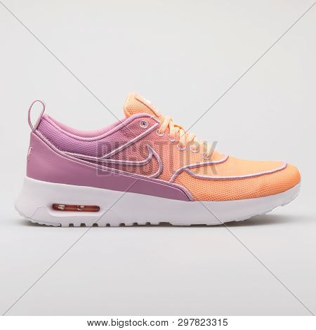 Vienna, Austria - August 7, 2017: Nike Air Max Thea Ultra Si Purple And Orange Sneaker On White Back