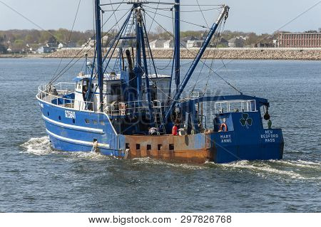 New Bedford, Massachusetts, Usa - April 17, 2019: Commercial Fishing Vessel Mary Anne Leaving New Be