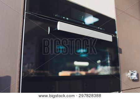Single Wall Oven Isolated. Household And Integrated Kitchen Domestic Appliances. Front View Of Stain