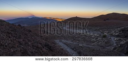 The Hiking Trail To The Top Of The Teide Mountain On Tenerife, Spain During Sunset. The Trail Lies I