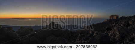 The Cable Car Station On The Peak Of The Teide Mountain On Tenerife, Spain During Sunrise.