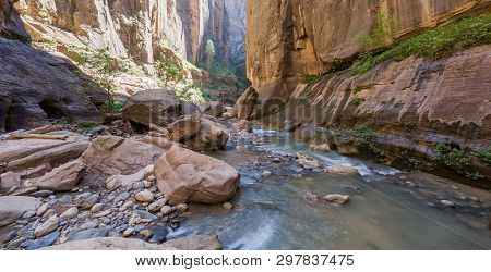 A Hiking Trail, Called The Narrows. A Long Exposure Of The Virgin River In The Zion National Park, U