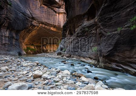 A Hiking Trail Called The Narrows In The Zion National Park. The River Is The Virgin River.