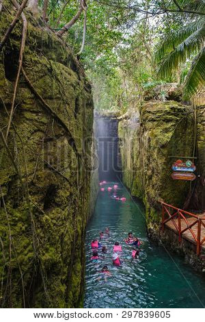 XCARET,MEXICO - APRIL 16,2019 : Underground river at XCaret park on the Mayan Riviera