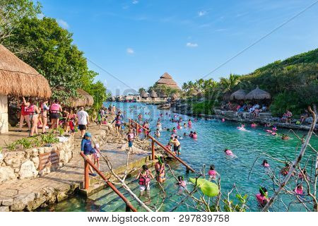 XCARET,MEXICO - APRIL 16,2019 : Snorkeling at XCaret park on the Mayan Riviera
