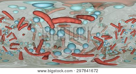 360-degree Spherical Panorama Of Bacterial Biofilm. Mixture Of Bacteria Of Different Types And Shape