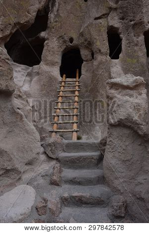 Cliff Dwellings In Bandelier National Monument Made From Sandstone Cliff Caves.