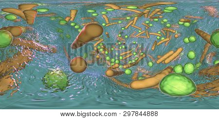 360-degree Spherical Panorama Of Bacterial Biofilm. Mixture Of Bacteria Of Different Types And Shape