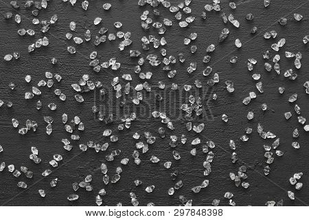 Scattered Diamonds On A Black Background. Raw Diamonds And Mining, A Scattering Of Natural Diamond S