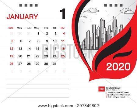Desk Calendar 2020 Template Vector, January 2020 Month, Business Layout, 8x6 Inch, Week Starts Sunda