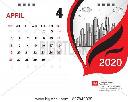 Desk Calendar 2020 Template Vector, April 2020 Month, Business Layout, 8x6 Inch, Week Starts Sunday,